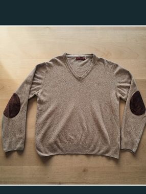 Strada Beige Cashmere Wool Blend V-Neck Sweater w/ Velvet Made In Italy 🇮🇹